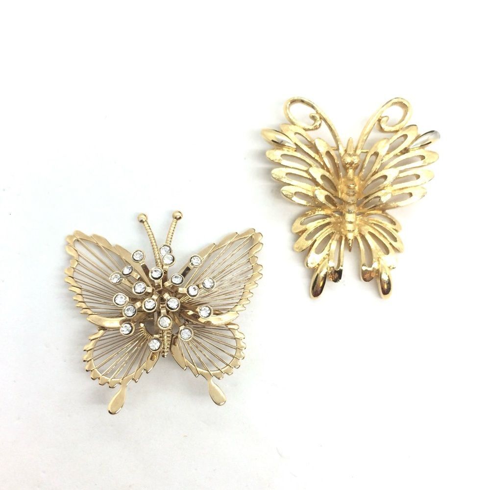 VINTAGE MONET BUTTERFLY Gold Tone Brooch Pin Lot Atomic MCM 2pc